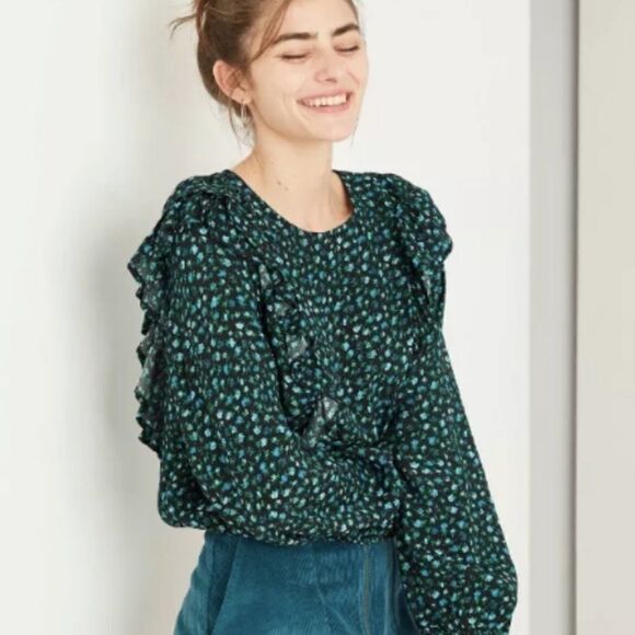 Wild Fable Blue Floral Long Sleeve Ruffly BOHO Top - Picture 1 of 6